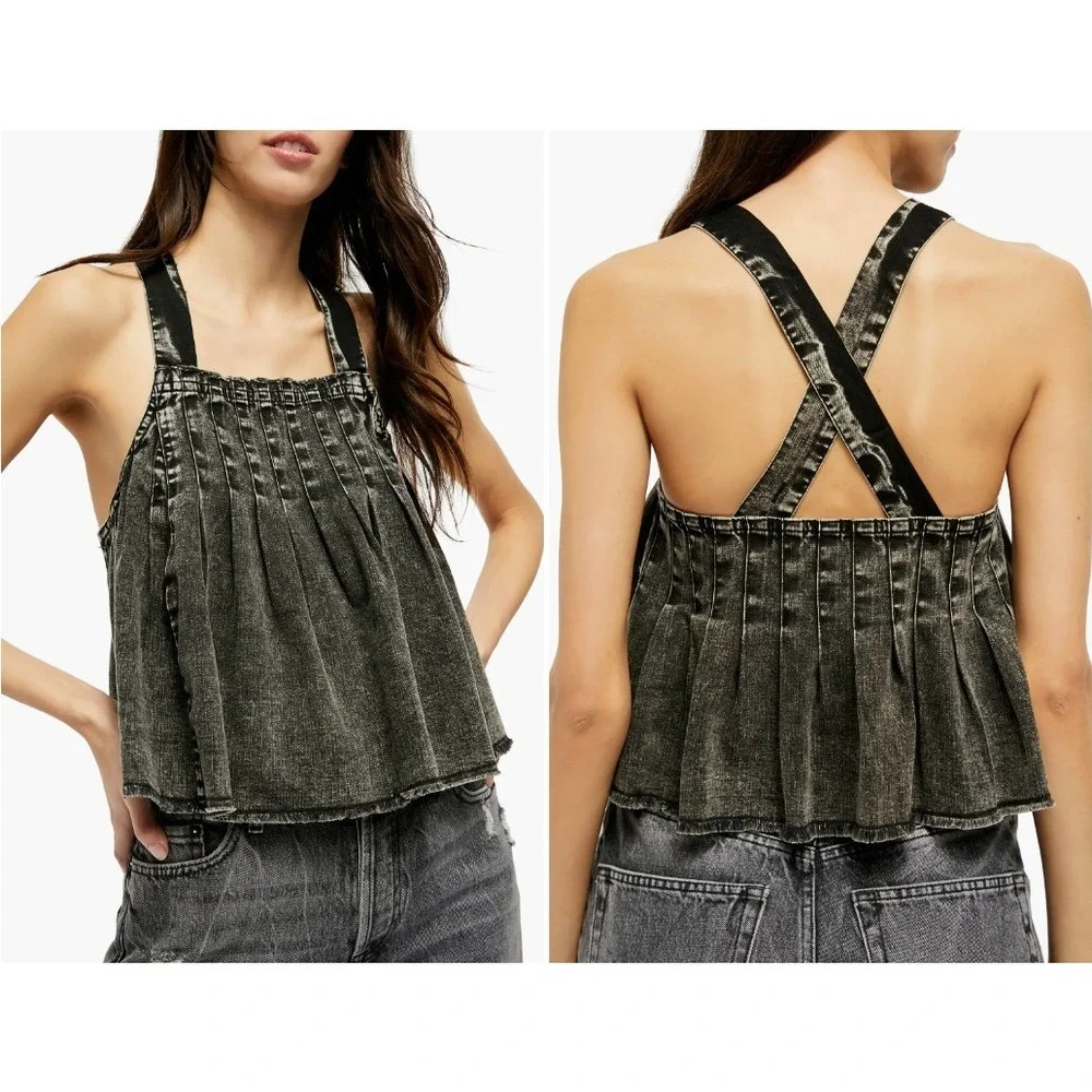 Free People Boho Marina‎ Acid Denim Babydoll Top L Lagenlook Festival Oversized